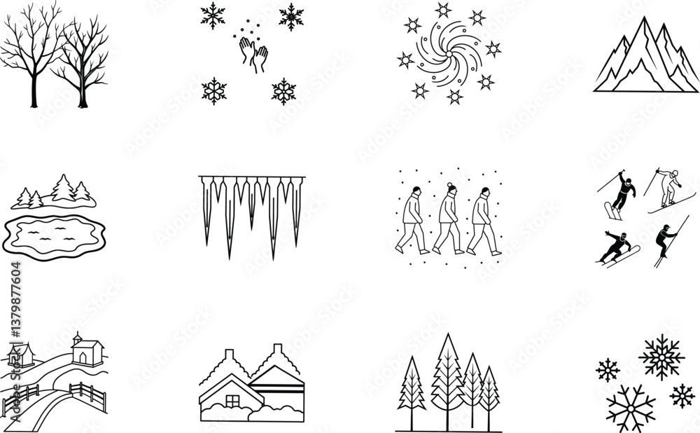 Winter Wonderland Icons Snow, Mountains, Trees, Skiing, and Frost Winter Wonderland Icons Snow, Mountains, Trees, Skiing, and Frost