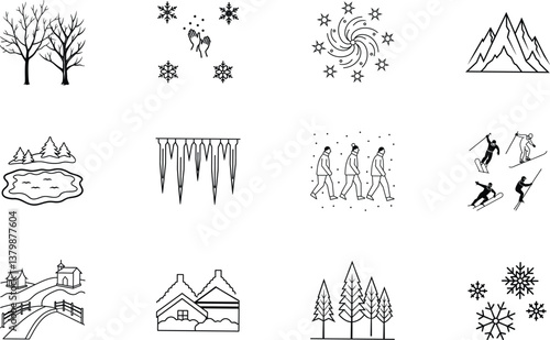 Winter Wonderland Icons Snow, Mountains, Trees, Skiing, and Frost