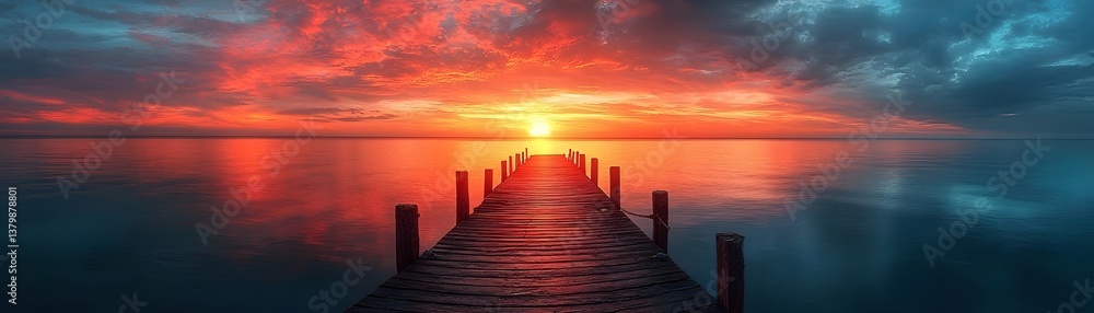 Obraz premium Vibrant sunset over the ocean with a wooden dock