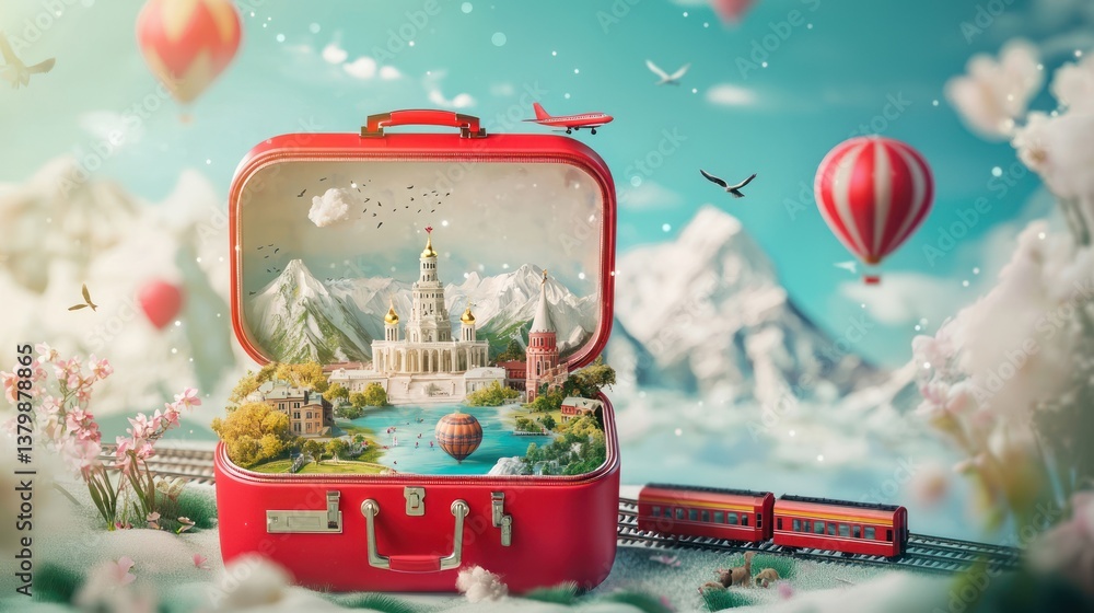 Creative Red Suitcase with Miniature Landscape and Hot Air Balloons Creative Red Suitcase with Miniature Landscape and Hot Air Balloons