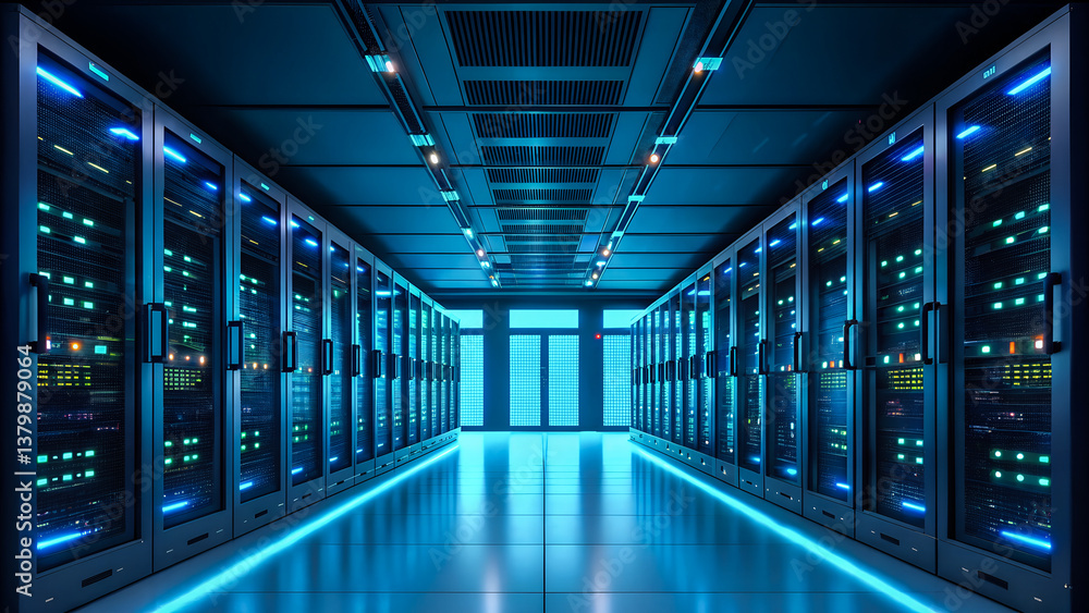 Futuristic Server Room – Data Center with Blue Lighting & High-Tech Infrastructure Futuristic Server Room – Data Center with Blue Lighting & High-Tech Infrastructure