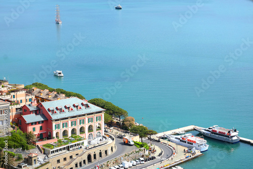 Fototapeta Naklejka Na Ścianę i Meble -  Yachts, boats in bay of Porto Venere, Liguria. Sea and tourism in Italy. Traditional buildings. Background for design. 