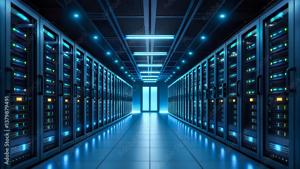 Fototapeta premium Futuristic Server Room – Data Center with Blue Lighting & High-Tech Infrastructure