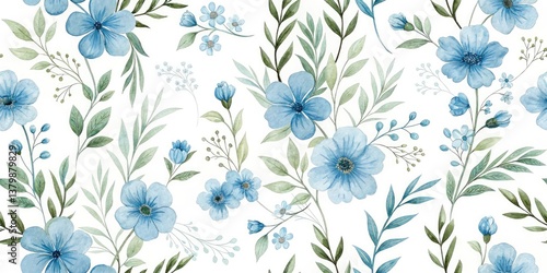 Wallpaper Mural Seamless floral pattern: delicate blue spring blossoms in watercolor, perfect for elegant textiles. Torontodigital.ca