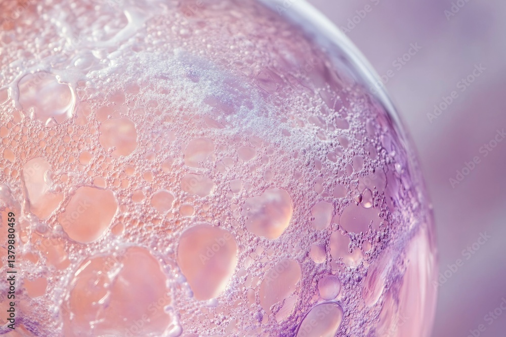 Macro shot of a semi-transparent sphere with water droplets, revealing a textured, organic surface in soft pink and purple hues.
