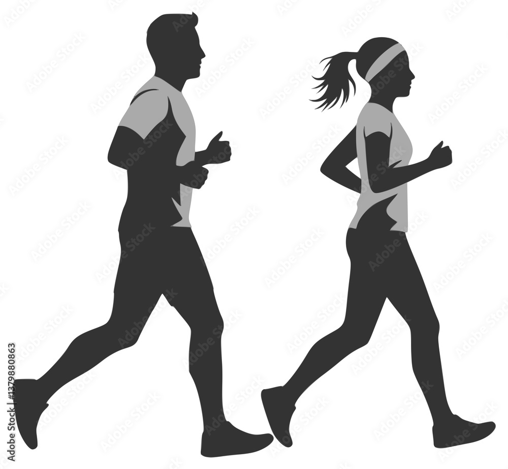 Running man and woman, isolated vector silhouettes. Run, side view. Silhouettes of athletic looking male and female runners running. JPEG version.