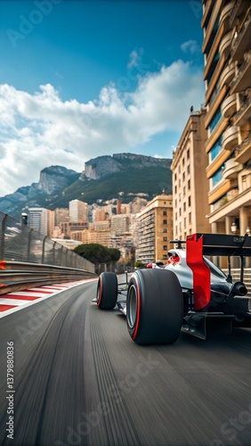 Professional race car driving at high speed along a challenging street circuit, blending urban architecture and breathtaking mountain views.