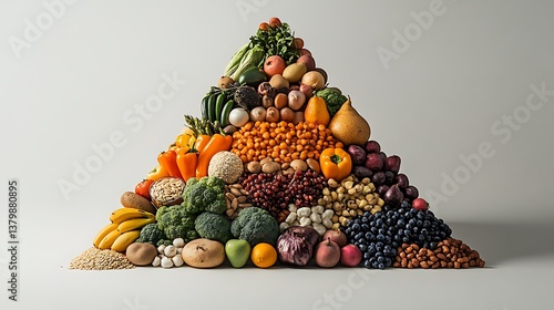 Side-view shot of a physical food pyramid created with real food items, stacked layer by layer — whole grains, fruits, vegetables, and proteins — each precisely placed, white background,