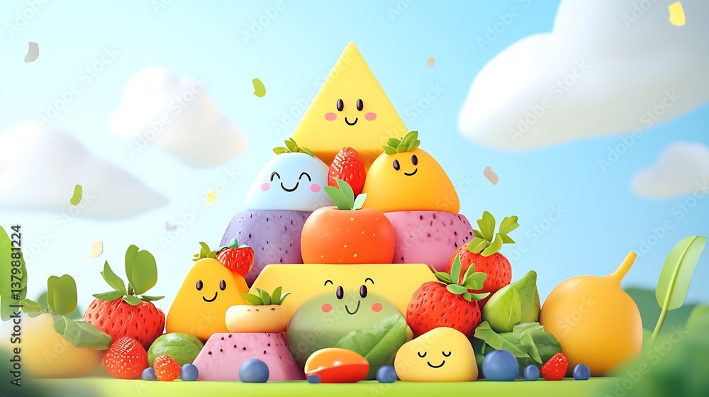 Fototapeta premium Stylized animated frame of food pyramid being built step-by-step, cartoon food characters moving into place, colorful flat design, playful aesthetic. Background with simple sky gradient and clouds.