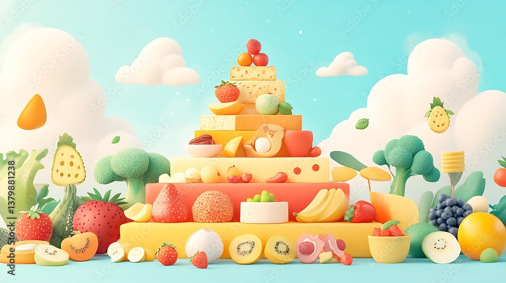 Obraz premium Stylized animated frame of food pyramid being built step-by-step, cartoon food characters moving into place, colorful flat design, playful aesthetic. Background with simple sky gradient and clouds.