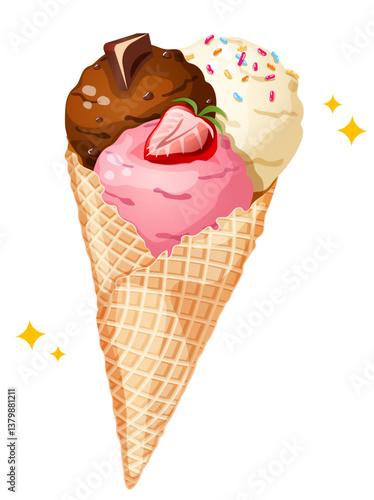 Ice Cream Cone with Strawberry, Chocolate and Vanilla Scoops. Summer Frozen Creamy Delight Vector Illustration