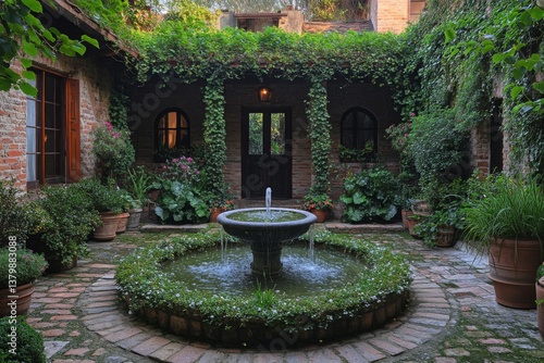 Peaceful garden with stone fountain and green bushes in a shaded courtyard