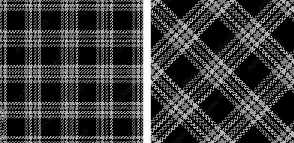 Set black and white check plaid seamless vector pattern.