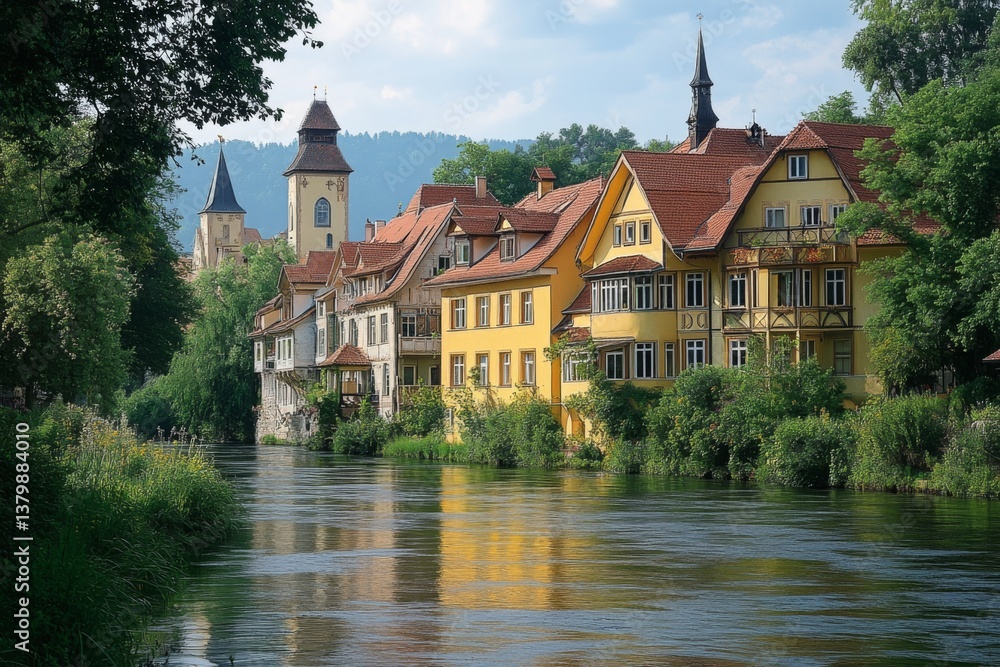 Charming town by the river with colorful houses and reflections in water Charming town by the river with colorful houses and reflections in water