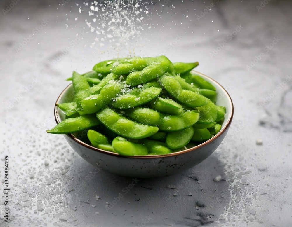 Boiled Edamame Sprinkled with Coarse Salt, Looks Fresh on the White Marble Table Boiled Edamame Sprinkled with Coarse Salt, Looks Fresh on the White Marble Table
