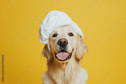 Golden retriever with a towel on its head poses cheerfully against a bright yellow background after a bath