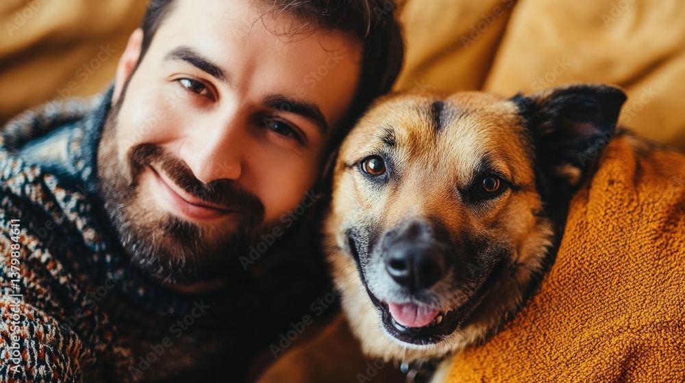 Dog And Owner Matching. Portrait of a Man and His Dog in Matching Clothes Dog And Owner Matching. Portrait of a Man and His Dog in Matching Clothes