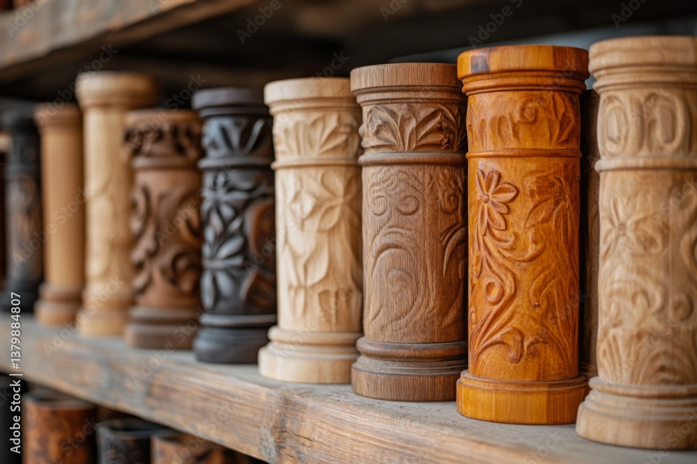Closeup of carved wooden cups arranged on a rustic shelf Closeup of carved wooden cups arranged on a rustic shelf