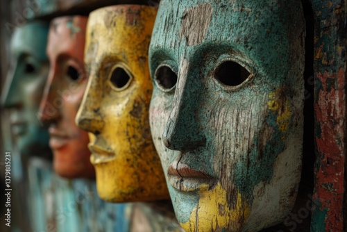 Artistic display of colorful human face masks arranged in a row