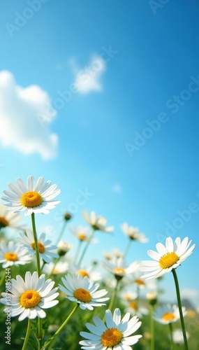Chamomile flowers scattered on a beautiful blue sky background,  herbal, flowers