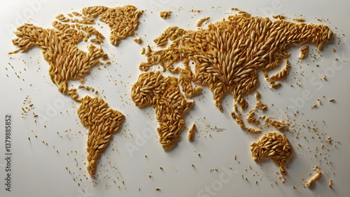 World Map Made of Wheat Grains – Concept of Global Hunger, Food Crisis, Agriculture, Grain Exports, Bread Making, Starvation, and Economic Food Inequality