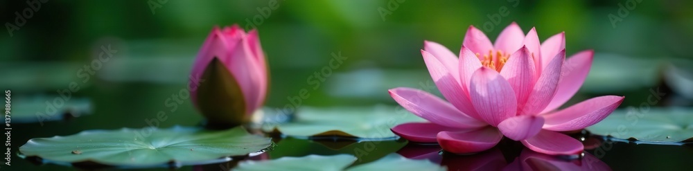Closeup of beautiful pink lotus flowers and water lilies in a serene pond setting, fresh, blooming Closeup of beautiful pink lotus flowers and water lilies in a serene pond setting, fresh, blooming