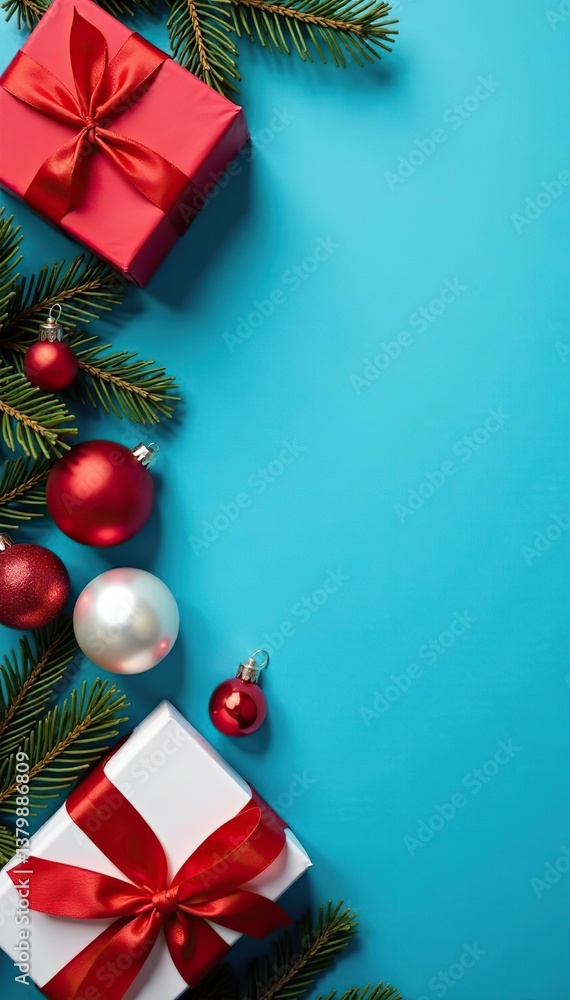 Christmas greeting card with red and white ornaments and gifts on blue background top view, gifts, Noel Christmas greeting card with red and white ornaments and gifts on blue background top view, gifts, Noel