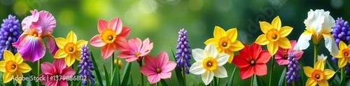 Blossomed garden flowers and floral border with iris, daffodil, protea Botanical decoration for spring and summer,  flowers,  garden