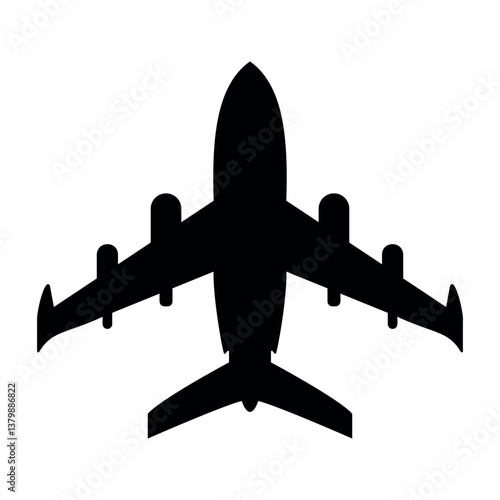 Silhouette of large four engine jet airplane. Military cargo or commercial aircraft top view vector.