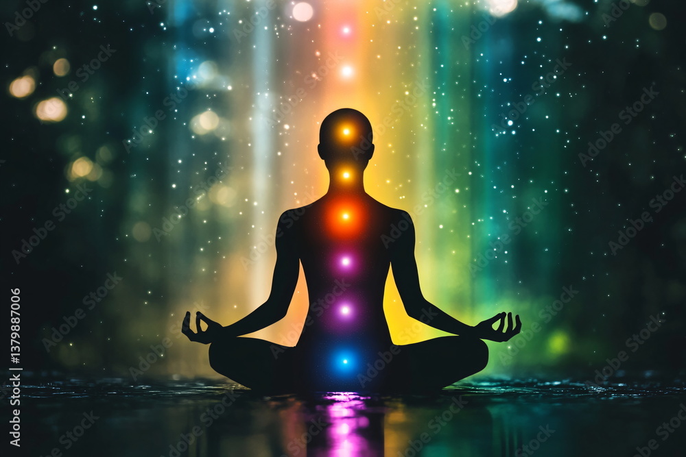 Spiritual meditating human in space with chakras and rainbow colorful aura Spiritual meditating human in space with chakras and rainbow colorful aura