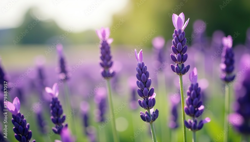 Obraz premium Close-up of blooming lavender flowers in a field, with soft focus background, fragrance, calming