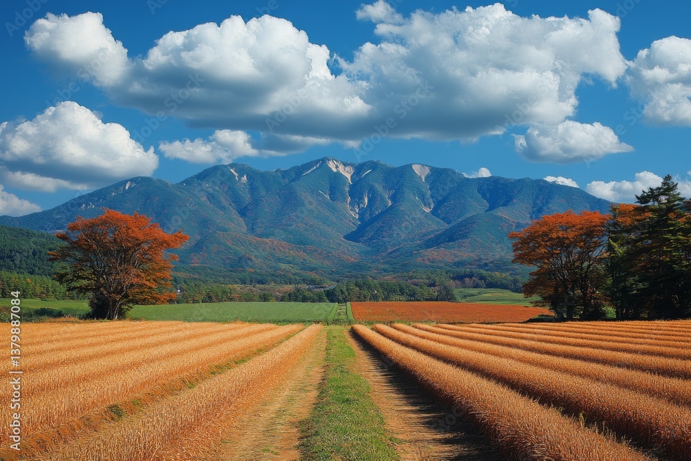 Plowed farmland road with mountain range and blue sky in background