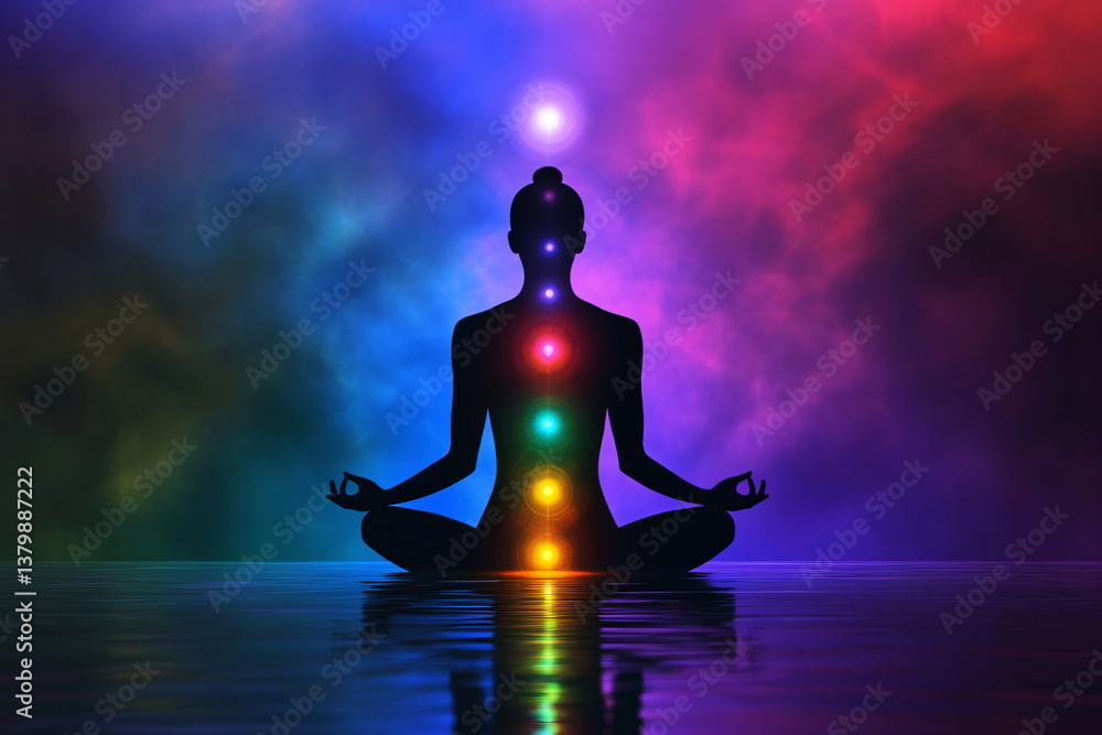 Spiritual meditating human in space with chakras and rainbow colorful aura Spiritual meditating human in space with chakras and rainbow colorful aura