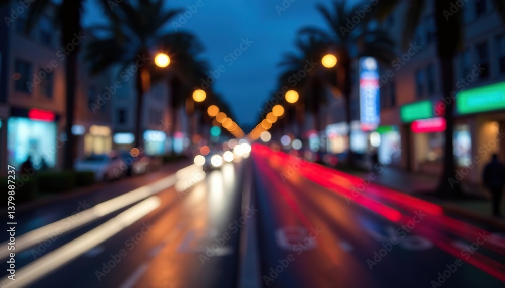 Blurred background of busy urban street with colorful lights and traffic trails, cars, modern Blurred background of busy urban street with colorful lights and traffic trails, cars, modern
