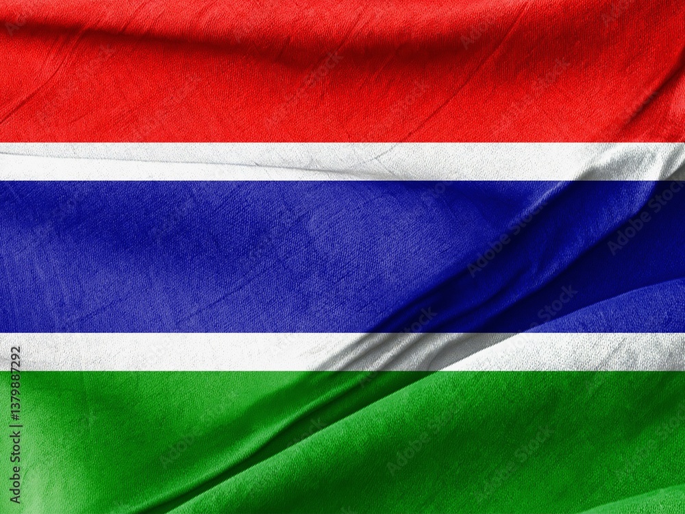 Waved Textured A close up of a flag of the gambia with a very large red white and green stripe Symbolizing National Identity and Unity Waved Textured A close up of a flag of the gambia with a very large red white and green stripe Symbolizing National Identity and Unity
