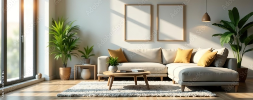 Obraz premium Blurred stylish living room with comfortable sofa and houseplants, sofa, blurred