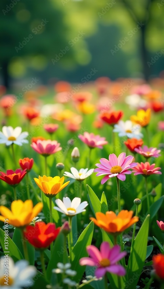 Close-up of colorful flowers blooming in a lush park field, petals, spring Close-up of colorful flowers blooming in a lush park field, petals, spring