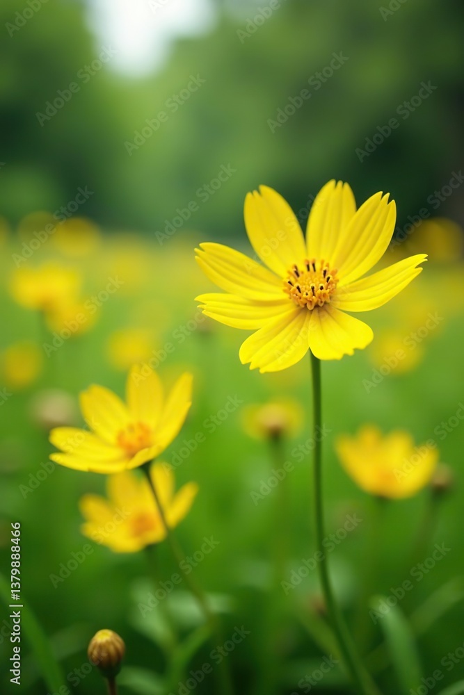 Closeup of vibrant yellow hieracium flowers in a meadow with soft focus background, nature, wildflowers Closeup of vibrant yellow hieracium flowers in a meadow with soft focus background, nature, wildflowers