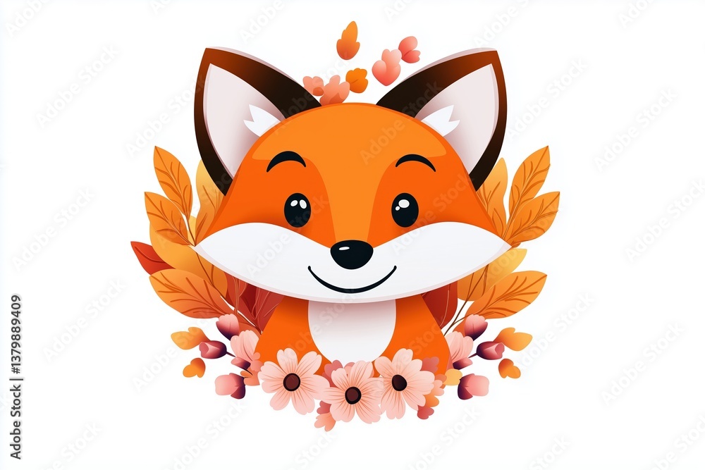 Obraz premium Cute cartoon fox surrounded by autumn leaves and flowers