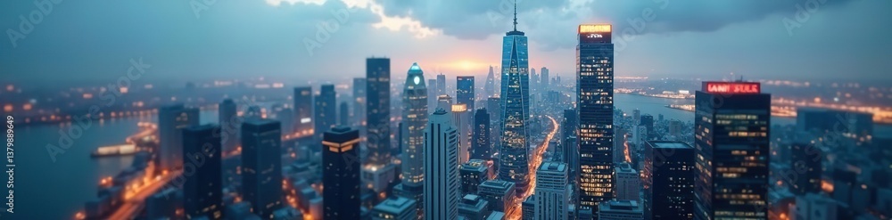Fototapeta premium Blurred image of urban skyscrapers creating a modern cityscape, futuristic, colorful