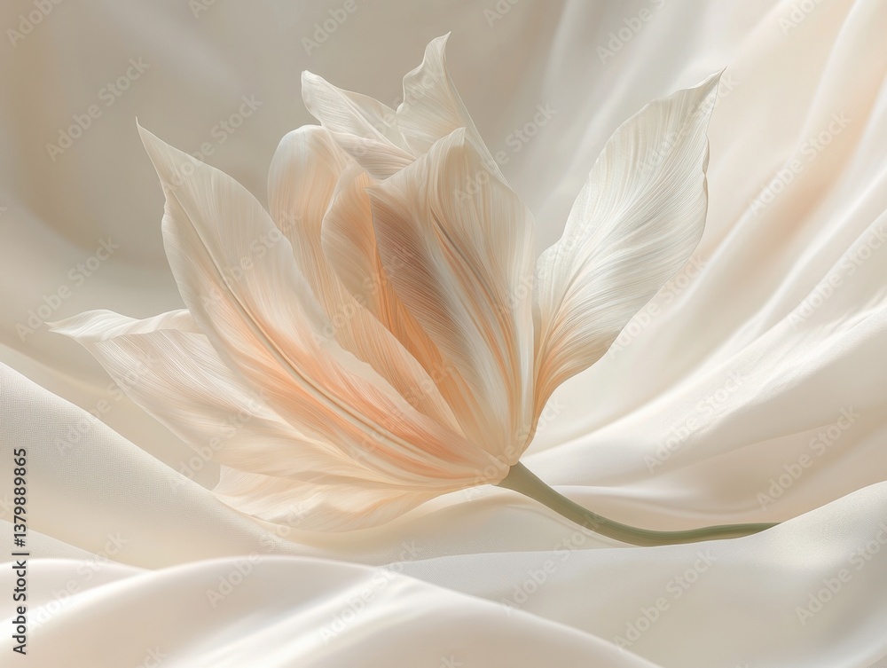 A delicate tulip leaf with soft curves artistically displayed against a white background for elegant visual appeal A delicate tulip leaf with soft curves artistically displayed against a white background for elegant visual appeal