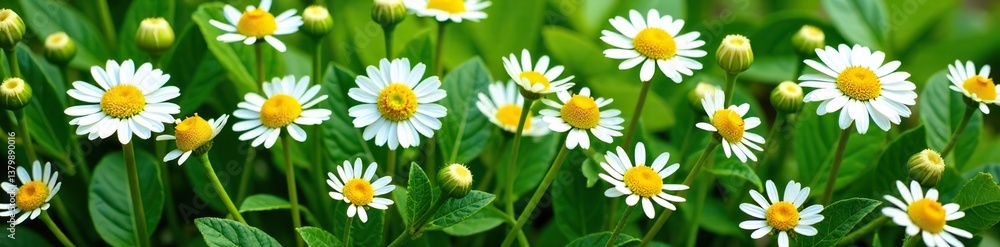 Fototapeta premium Close up shot of a collection of Roman chamomile flowers and leaves, commonly used in herbal medicine, English chamomile, Chamaemelum nobile