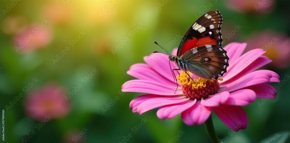 Close-up shot of a colorful butterfly resting on a vibrant pink flower petal in a lush garden, beauty, pink Close-up shot of a colorful butterfly resting on a vibrant pink flower petal in a lush garden, beauty, pink