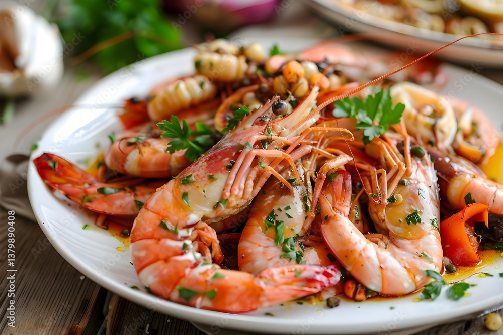 Succulent Shrimp Sizzles with Herbs and Spices in a Delicious Sauce, a Culinary Delight for Seafood Lovers Featuring Vibrant Colors and Exquisite Taste. Succulent Shrimp Sizzles with Herbs and Spices in a Delicious Sauce, a Culinary Delight for Seafood Lovers Featuring Vibrant Colors and Exquisite Taste.