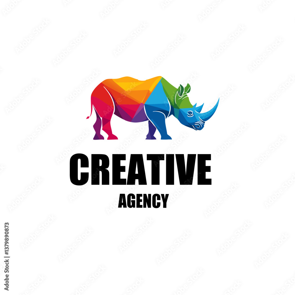 vector illustration of a rhino with text creative agency logo icon design
