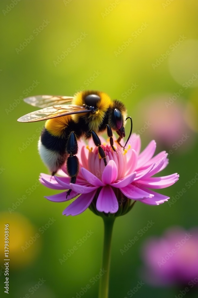 Bumblebee perched on a vibrant clover flower in a sun-kissed meadow, showcasing intricate details of its fuzzy body and delicate wings, Bumblebee, pollination Bumblebee perched on a vibrant clover flower in a sun-kissed meadow, showcasing intricate details of its fuzzy body and delicate wings, Bumblebee, pollination