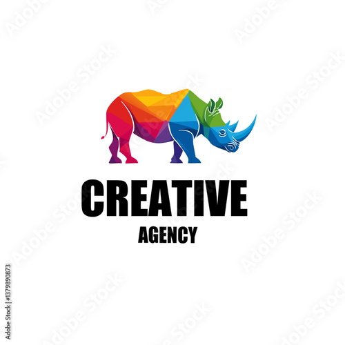 vector illustration of a rhino with text creative agency logo icon design