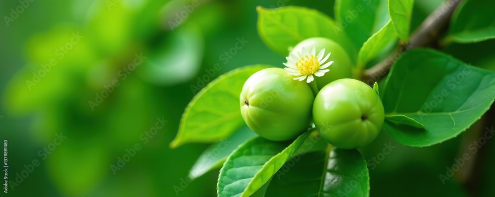 Obraz premium Close up of Actinidia arguta, the hardy kiwi plant in full bloom with vibrant green leaves and delicate white flowers, white flowers, green leaves
