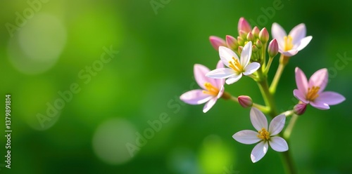 Close-up of Andrographis paniculata flowers blooming on a green stem in a lush garden setting,  botanical,  stem