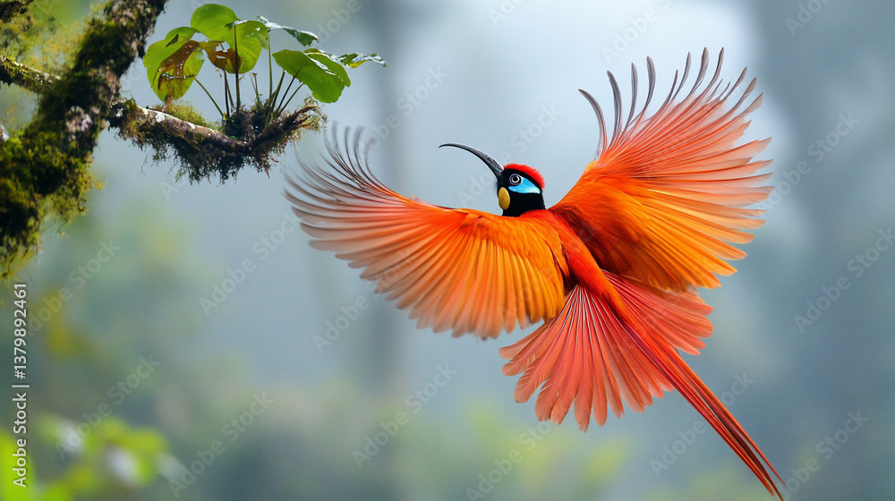 Obraz premium Raggiana Bird-of-Paradise’s Fiery Dance - Misty Jungle Backdrop in 4K
